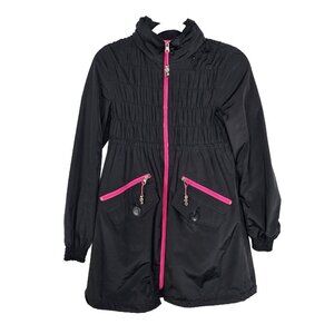 Betsey Johnson Womens Smocked Windbreaker Jacket Size XS Coat Black Hot Pink